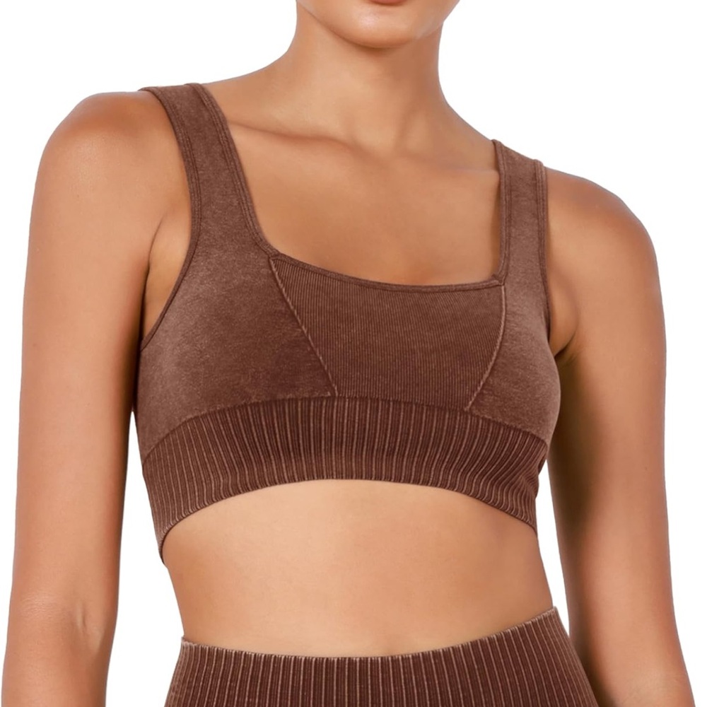 Seamless Square Neck Sports Bra Women Ribbed Crop Tank Casual Low Back Crop Tops - Picture 7 of 10